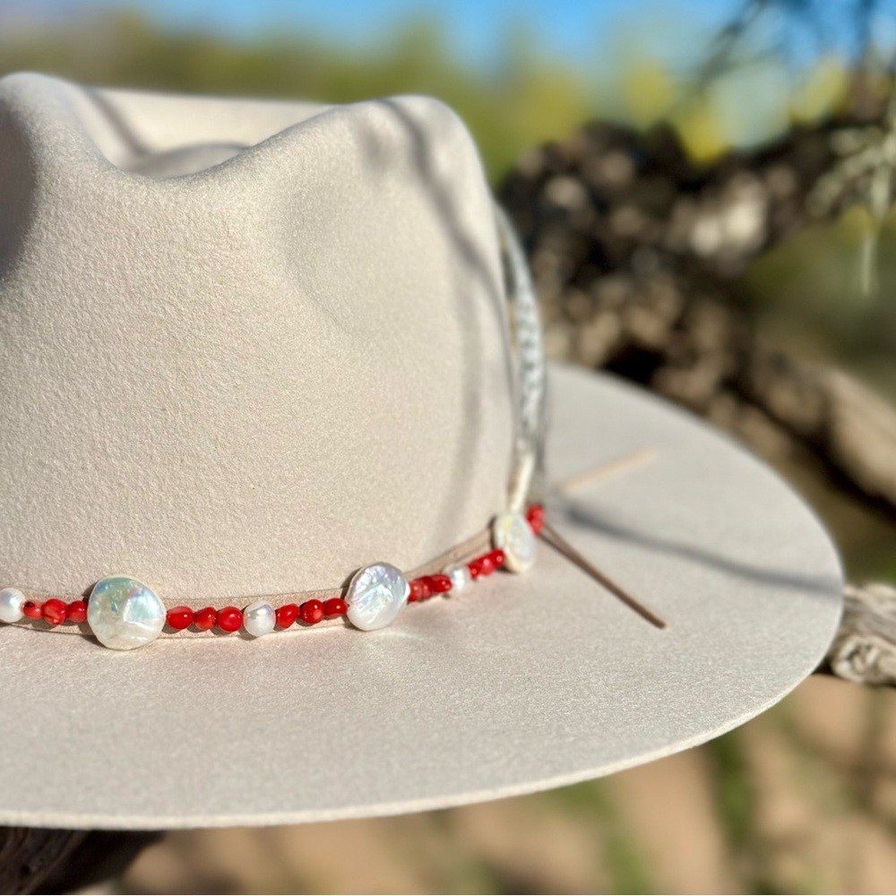 Freshwater Pearl and Red Coral Hat Band - Picture 4 of 9